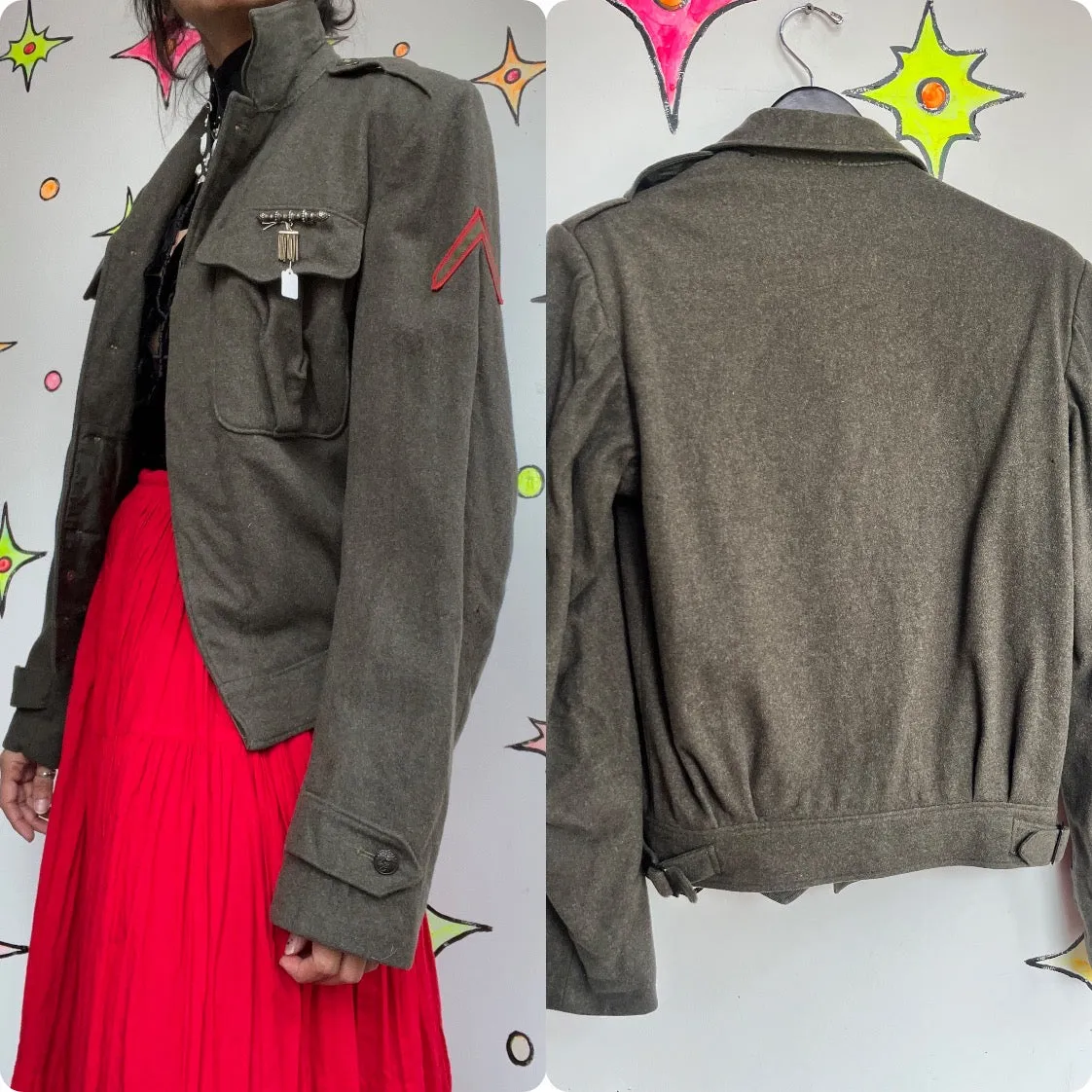 Vintage Military Green Embellished Uniform Grunge Fairy Boho Wool Bomber Jacket