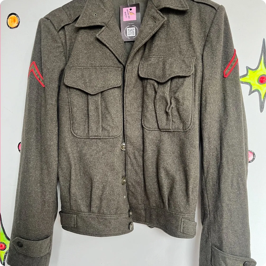 Vintage Military Green Embellished Uniform Grunge Fairy Boho Wool Bomber Jacket