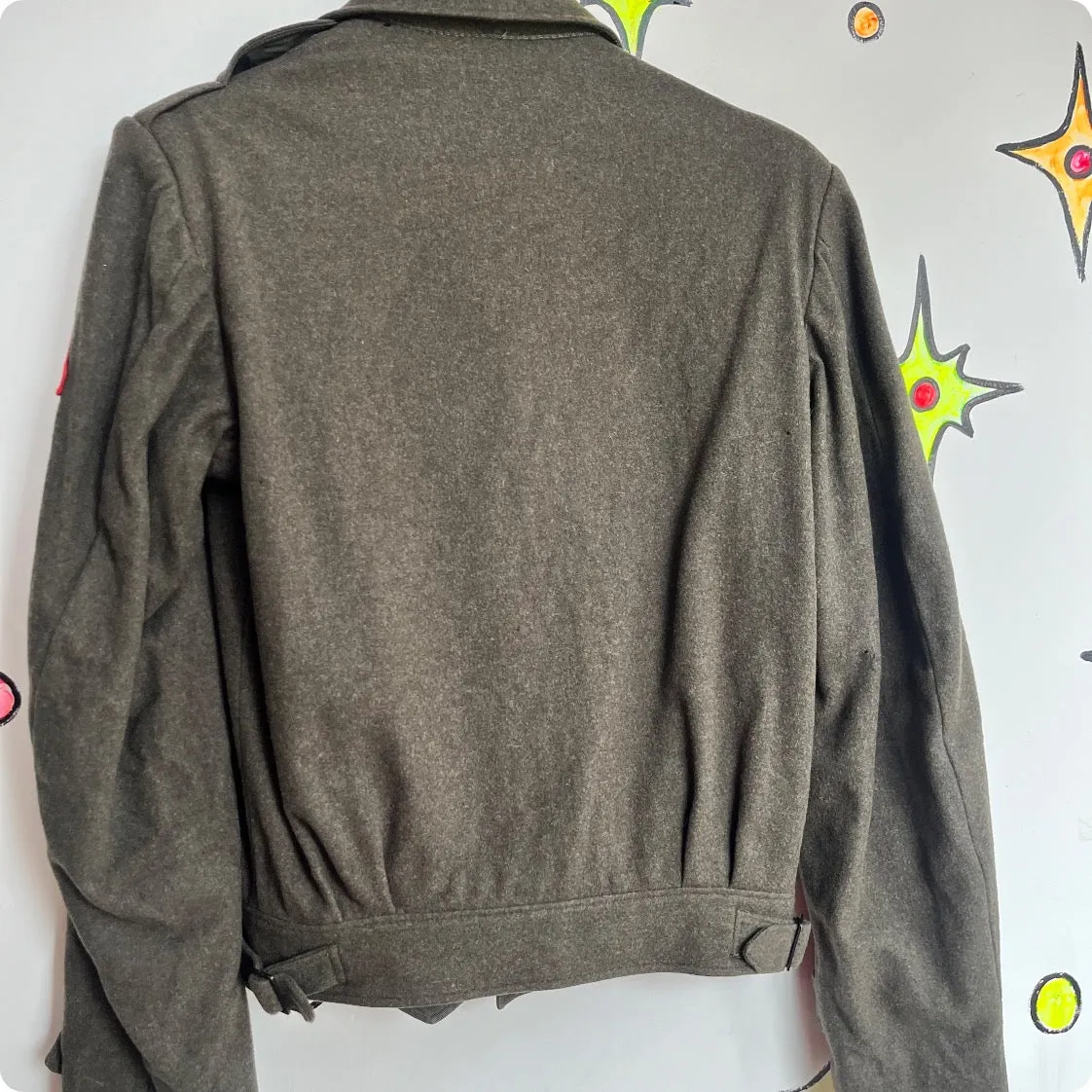 Vintage Military Green Embellished Uniform Grunge Fairy Boho Wool Bomber Jacket