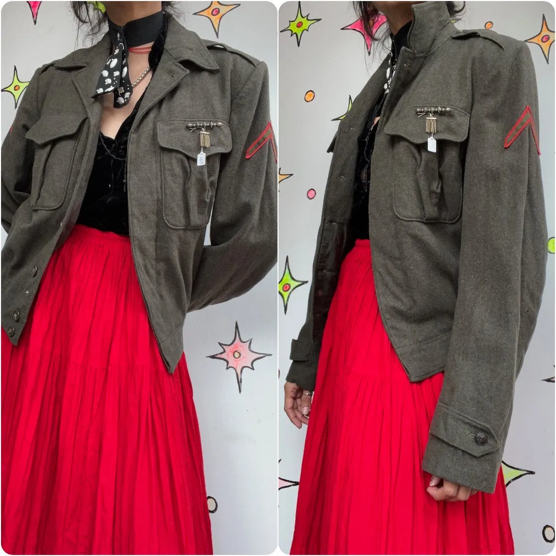 Vintage Military Green Embellished Uniform Grunge Fairy Boho Wool Bomber Jacket
