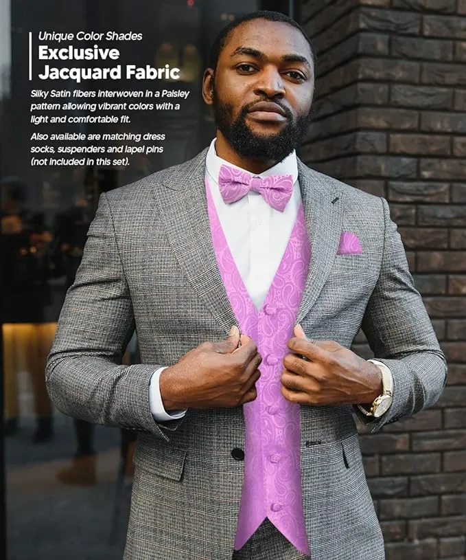 Vittorio Farina Men's Mint Woven Paisley Vest, Necktie, Bow Tie and Pocket Square Set (White Back)