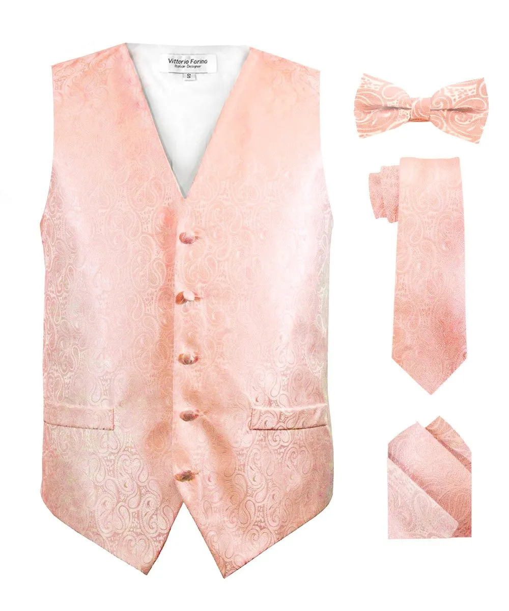 Vittorio Farina Men's Mint Woven Paisley Vest, Necktie, Bow Tie and Pocket Square Set (White Back)