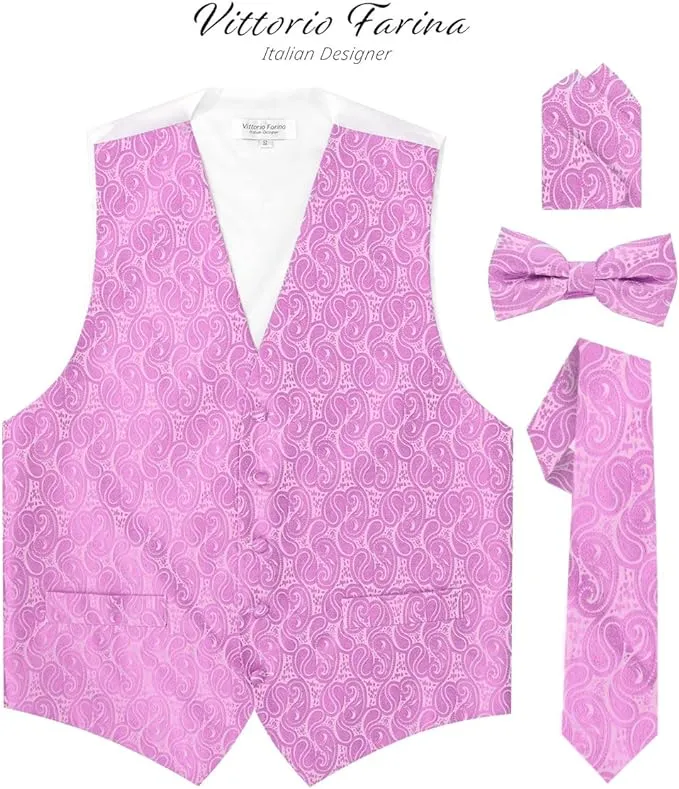 Vittorio Farina Men's Mint Woven Paisley Vest, Necktie, Bow Tie and Pocket Square Set (White Back)