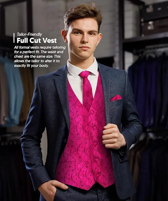 Vittorio Farina Men's Mint Woven Paisley Vest, Necktie, Bow Tie and Pocket Square Set (White Back)