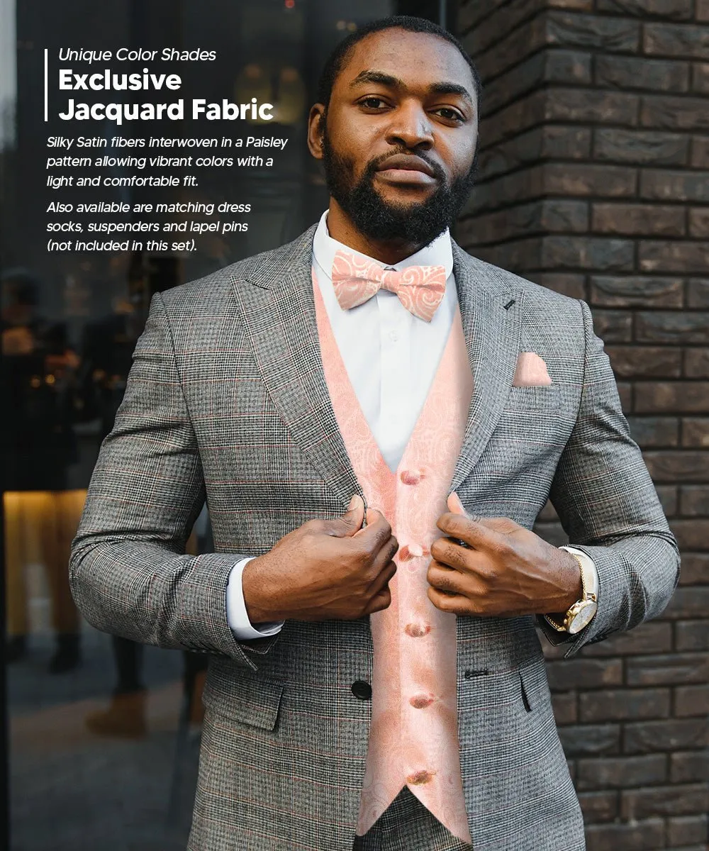 Vittorio Farina Men's Mint Woven Paisley Vest, Necktie, Bow Tie and Pocket Square Set (White Back)