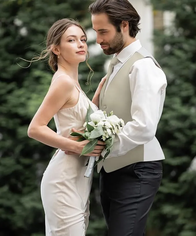 Vittorio Farina Men's Satin Vest, Necktie, Bow Tie and Pocket Square Set (White Back)