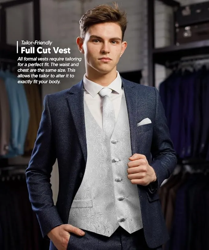 Vittorio Farina Men's Woven Paisley Vest, Necktie, Bow Tie and Pocket Square Set (White Back)