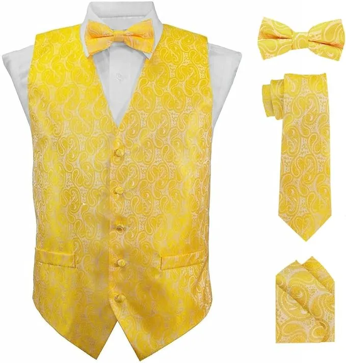 Vittorio Farina Men's Woven Paisley Vest, Necktie, Bow Tie and Pocket Square Set (White Back)