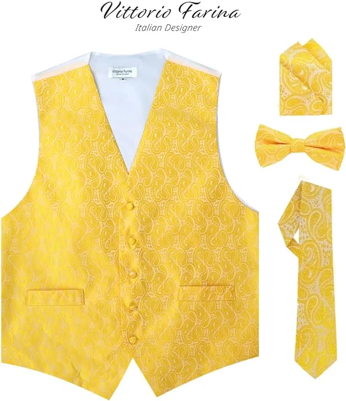 Vittorio Farina Men's Woven Paisley Vest, Necktie, Bow Tie and Pocket Square Set (White Back)