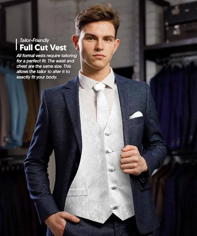 Vittorio Farina Men's Woven Paisley Vest, Necktie, Bow Tie and Pocket Square Set (White Back)