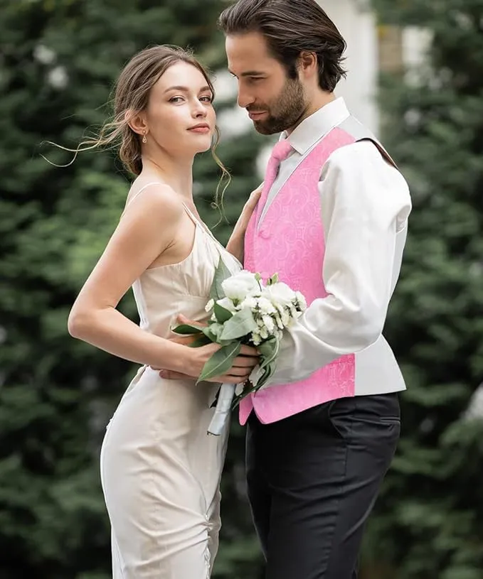 Vittorio Farina Men's Woven Paisley Vest, Necktie, Bow Tie and Pocket Square Set (White Back)