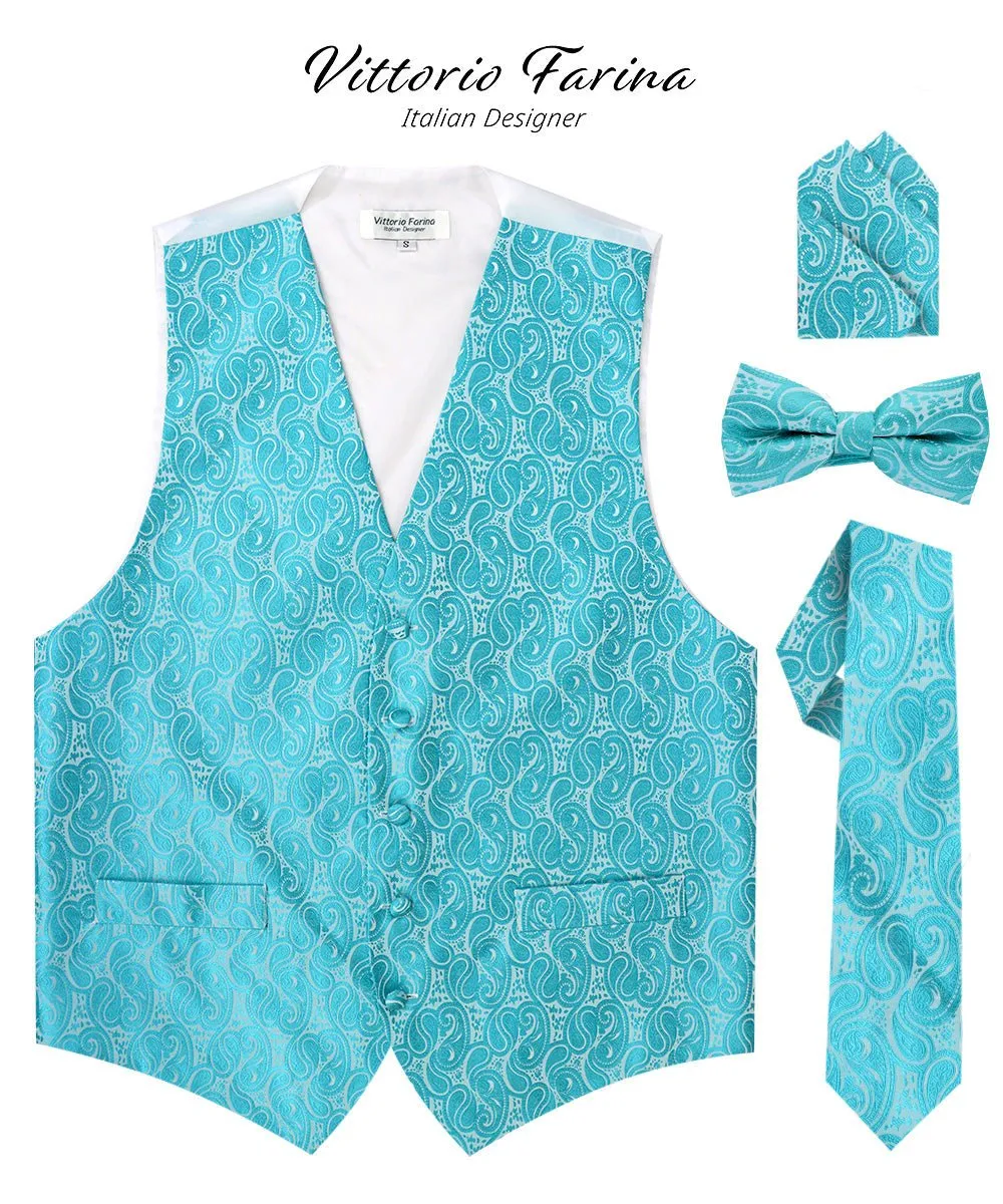 Vittorio Farina Men's Woven Paisley Vest, Necktie, Bow Tie and Pocket Square Set (White Back)