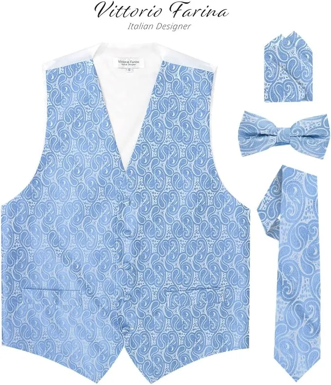 Vittorio Farina Men's Woven Paisley Vest, Necktie, Bow Tie and Pocket Square Set (White Back)