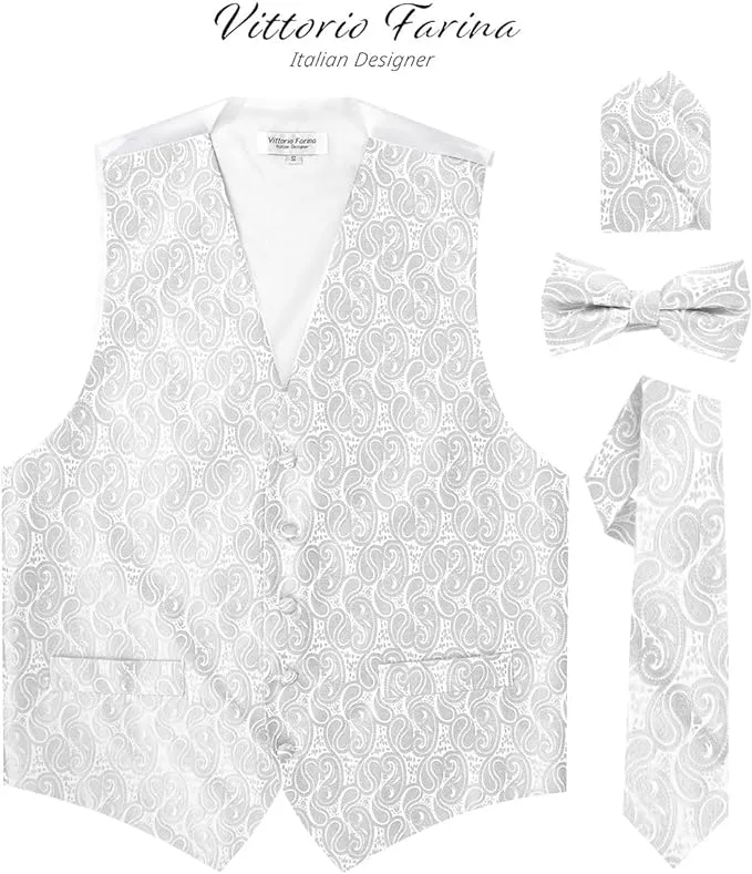 Vittorio Farina Men's Woven Paisley Vest, Necktie, Bow Tie and Pocket Square Set (White Back)