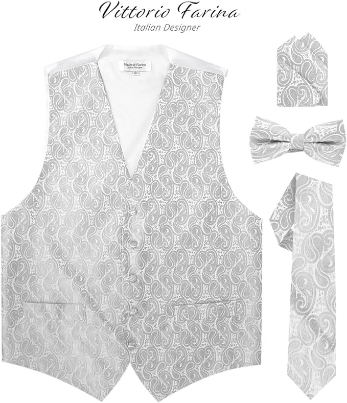 Vittorio Farina Men's Woven Paisley Vest, Necktie, Bow Tie and Pocket Square Set (White Back)
