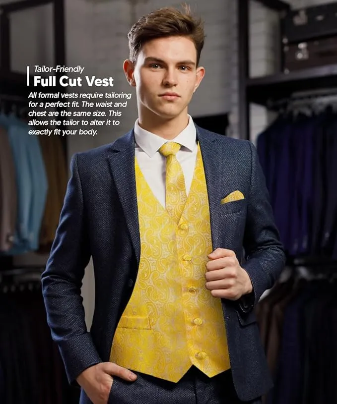 Vittorio Farina Men's Woven Paisley Vest, Necktie, Bow Tie and Pocket Square Set (White Back)