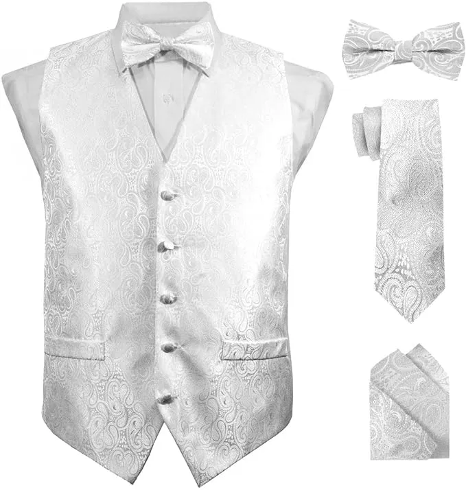 Vittorio Farina Men's Woven Paisley Vest, Necktie, Bow Tie and Pocket Square Set (White Back)