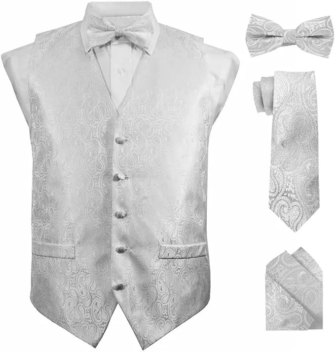 Vittorio Farina Men's Woven Paisley Vest, Necktie, Bow Tie and Pocket Square Set (White Back)