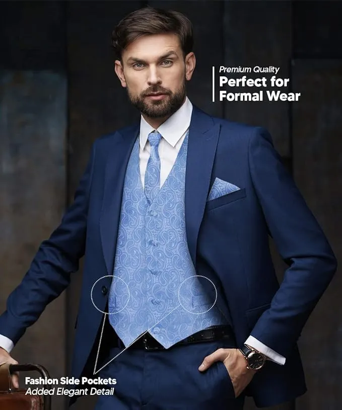 Vittorio Farina Men's Woven Paisley Vest, Necktie, Bow Tie and Pocket Square Set (White Back)