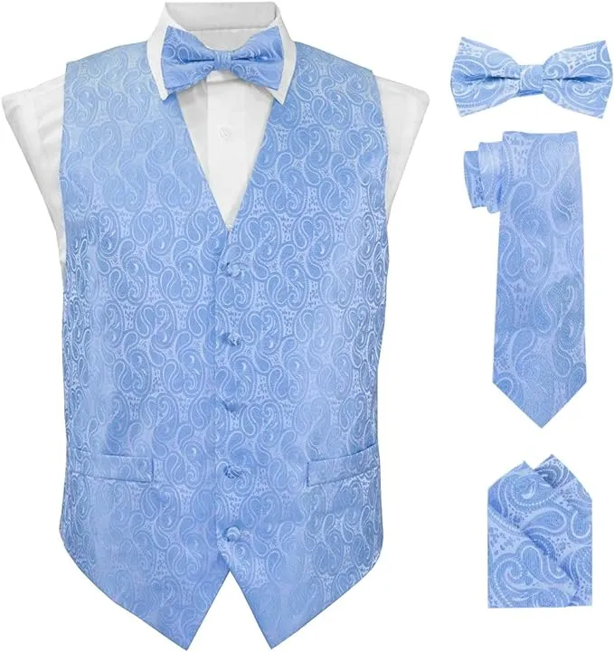 Vittorio Farina Men's Woven Paisley Vest, Necktie, Bow Tie and Pocket Square Set (White Back)
