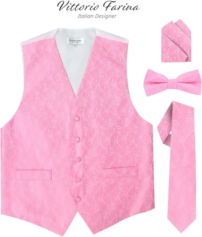 Vittorio Farina Men's Woven Paisley Vest, Necktie, Bow Tie and Pocket Square Set (White Back)