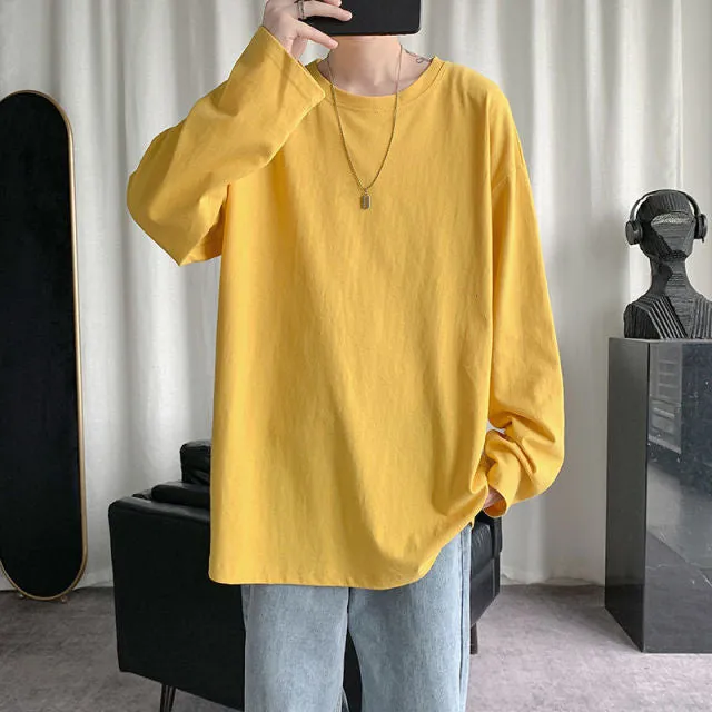 Voguable Spring Men's T-Shirt Solid Color Basic T shirt Round Neck Long Sleeve Tshirts Korean Couple Women Man Casual Tees