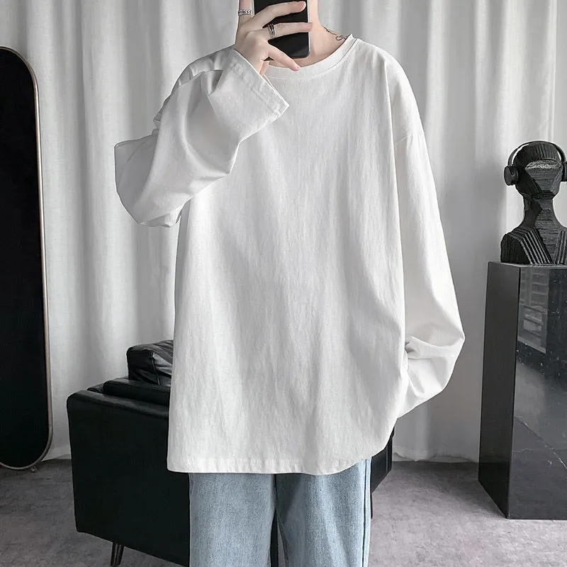 Voguable Spring Men's T-Shirt Solid Color Basic T shirt Round Neck Long Sleeve Tshirts Korean Couple Women Man Casual Tees