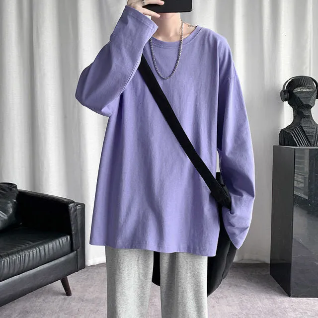 Voguable Spring Men's T-Shirt Solid Color Basic T shirt Round Neck Long Sleeve Tshirts Korean Couple Women Man Casual Tees