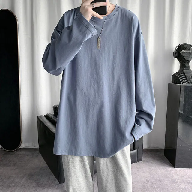 Voguable Spring Men's T-Shirt Solid Color Basic T shirt Round Neck Long Sleeve Tshirts Korean Couple Women Man Casual Tees