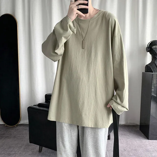 Voguable Spring Men's T-Shirt Solid Color Basic T shirt Round Neck Long Sleeve Tshirts Korean Couple Women Man Casual Tees