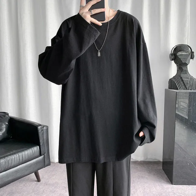 Voguable Spring Men's T-Shirt Solid Color Basic T shirt Round Neck Long Sleeve Tshirts Korean Couple Women Man Casual Tees