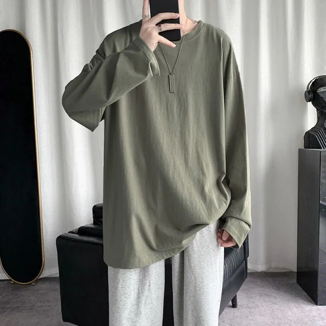 Voguable Spring Men's T-Shirt Solid Color Basic T shirt Round Neck Long Sleeve Tshirts Korean Couple Women Man Casual Tees