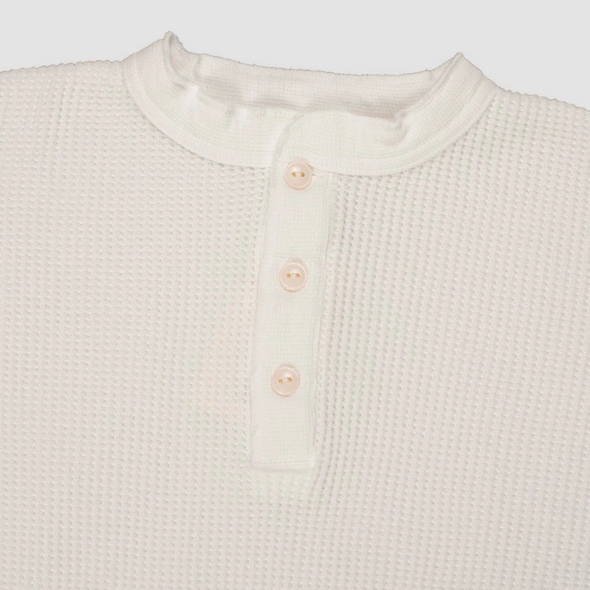 Waffle Knit Long Sleeved Thermal Henley - White