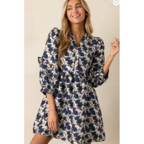 Waves Of Roses Navy Floral Puff Sleeve Mini Dress