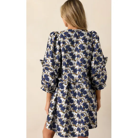 Waves Of Roses Navy Floral Puff Sleeve Mini Dress
