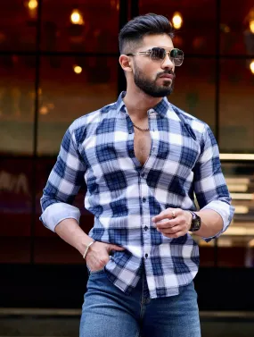 White And Blue Check Printed Cotton Shirt For Men's