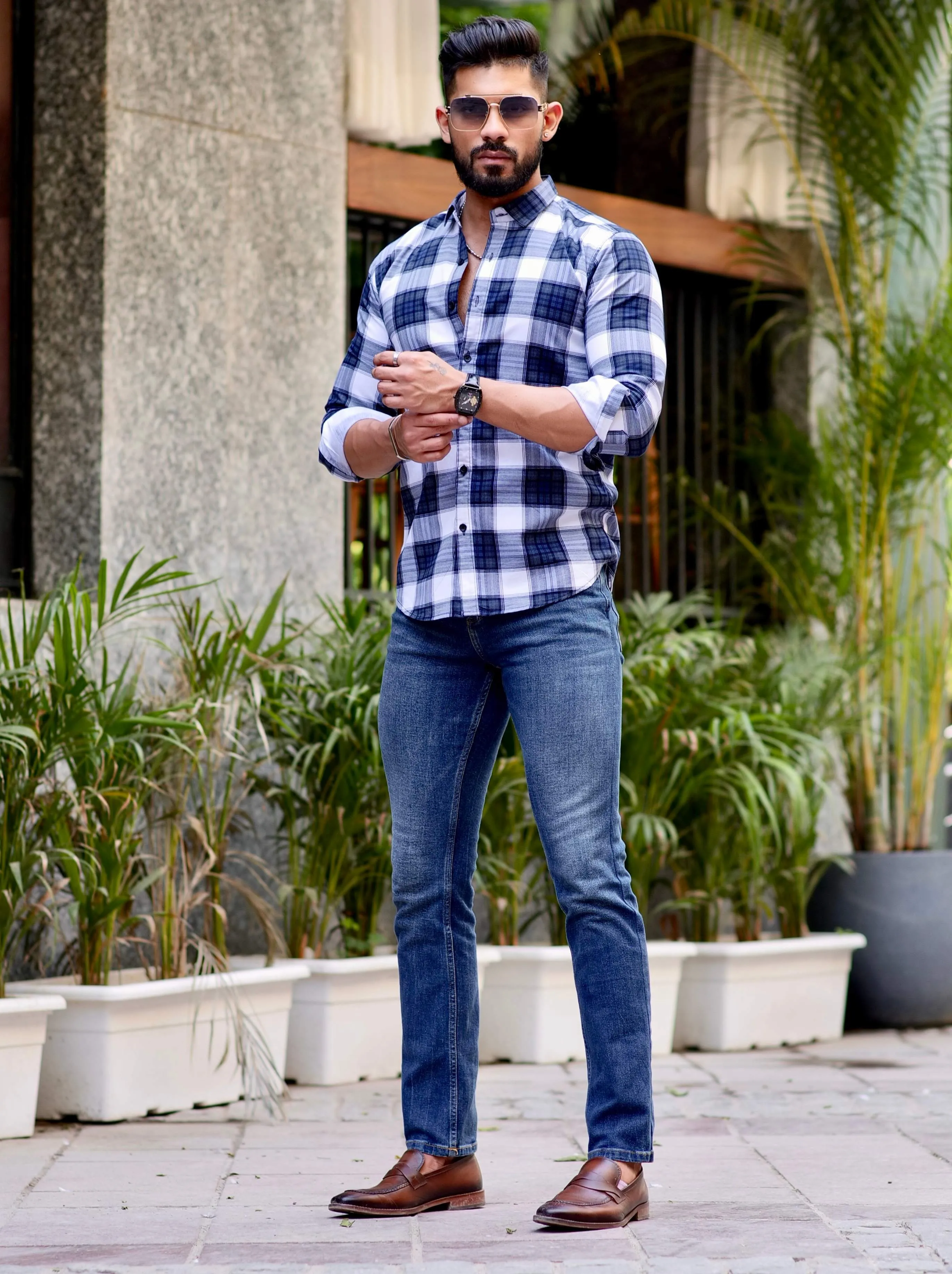 White And Blue Check Printed Cotton Shirt For Men's