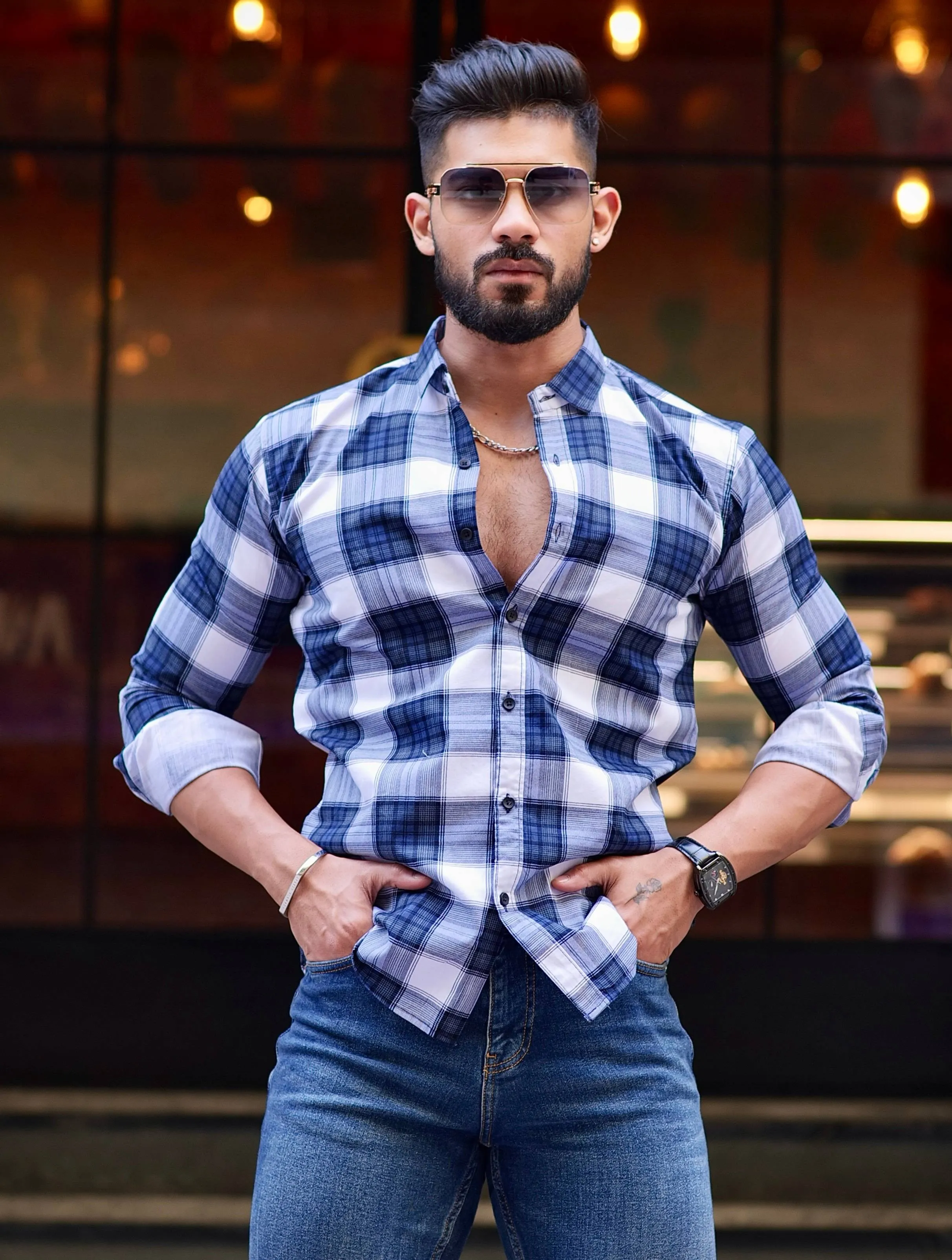 White And Blue Check Printed Cotton Shirt For Men's