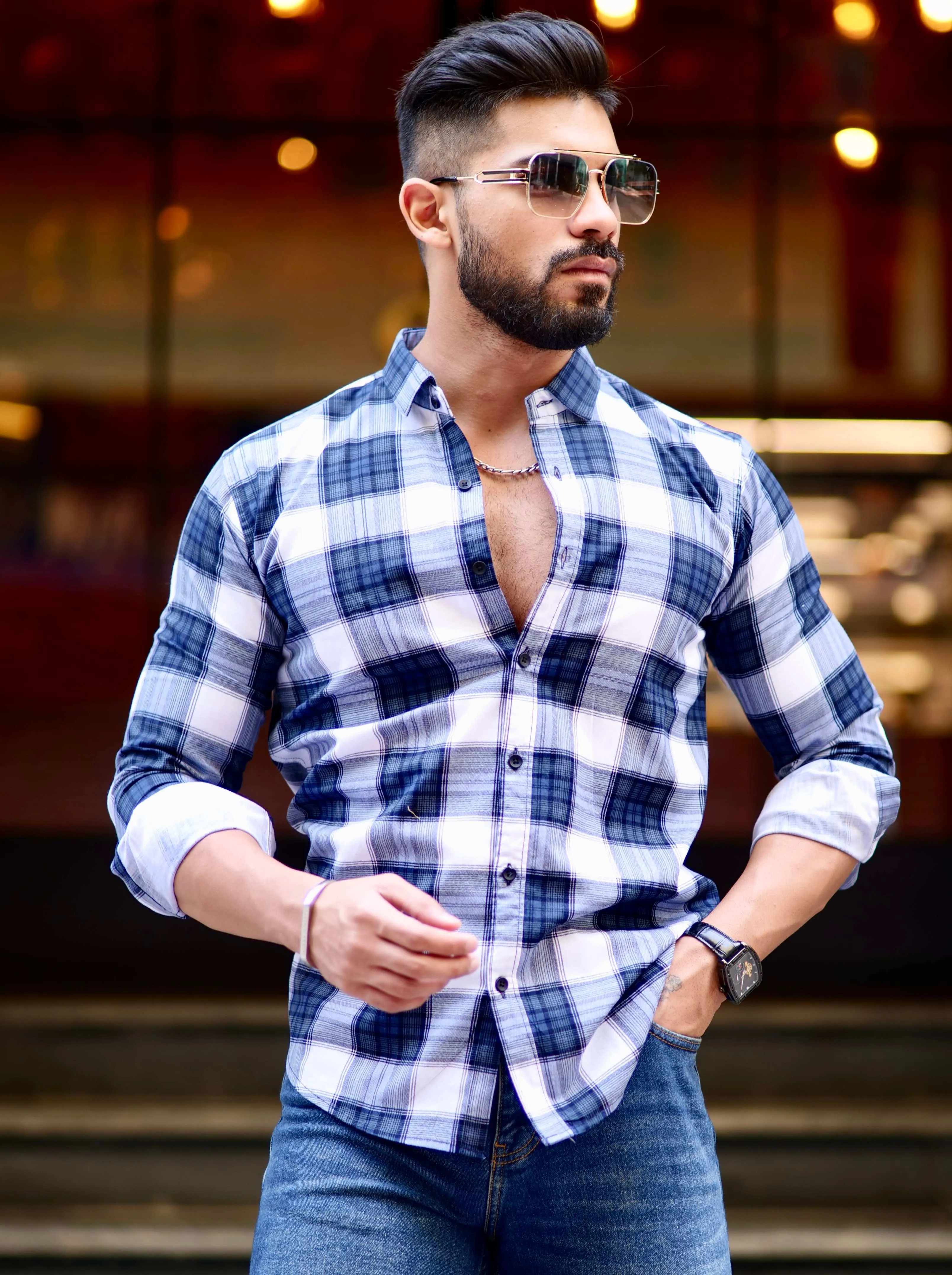 White And Blue Check Printed Cotton Shirt For Men's