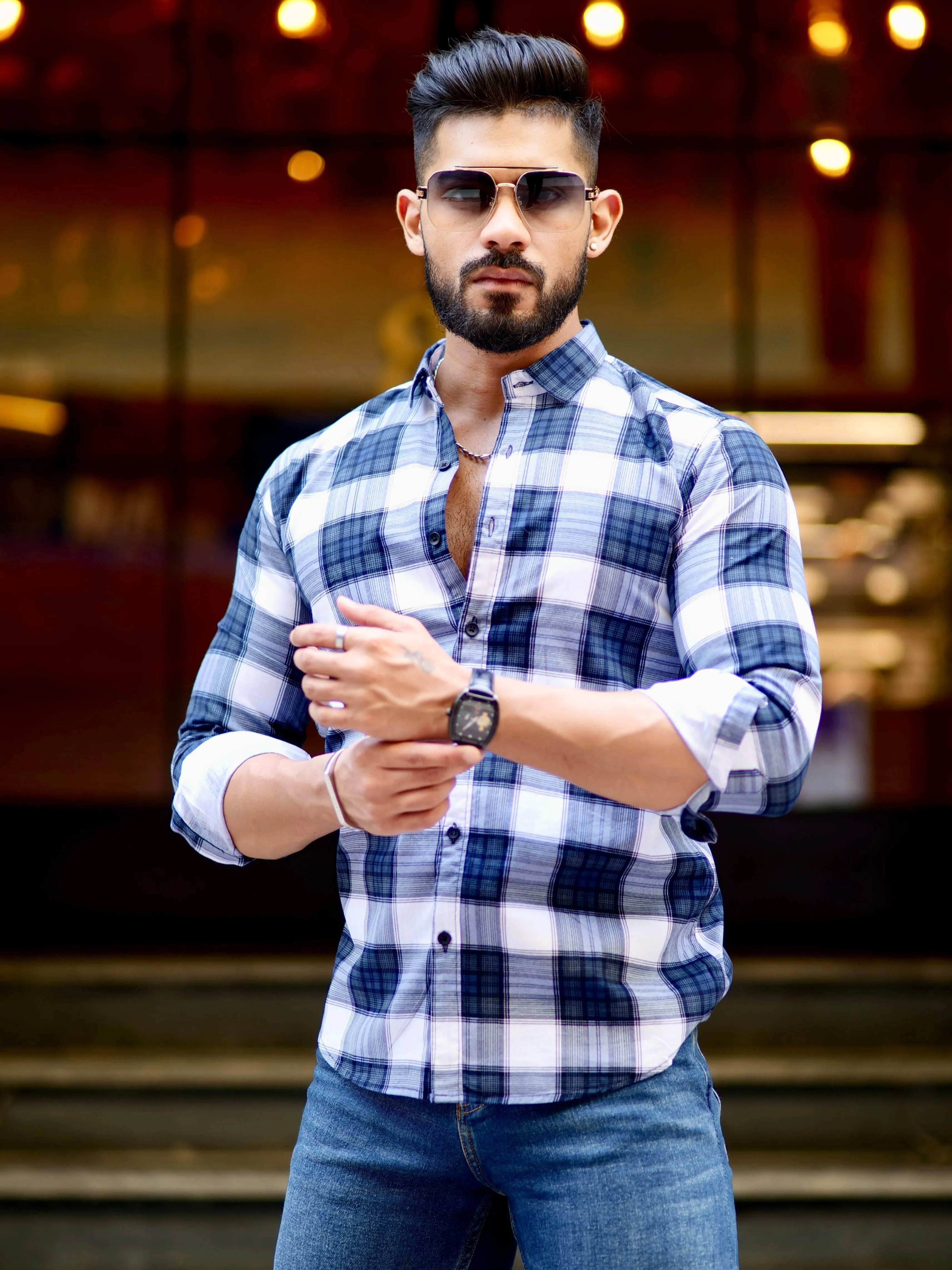 White And Blue Check Printed Cotton Shirt For Men's