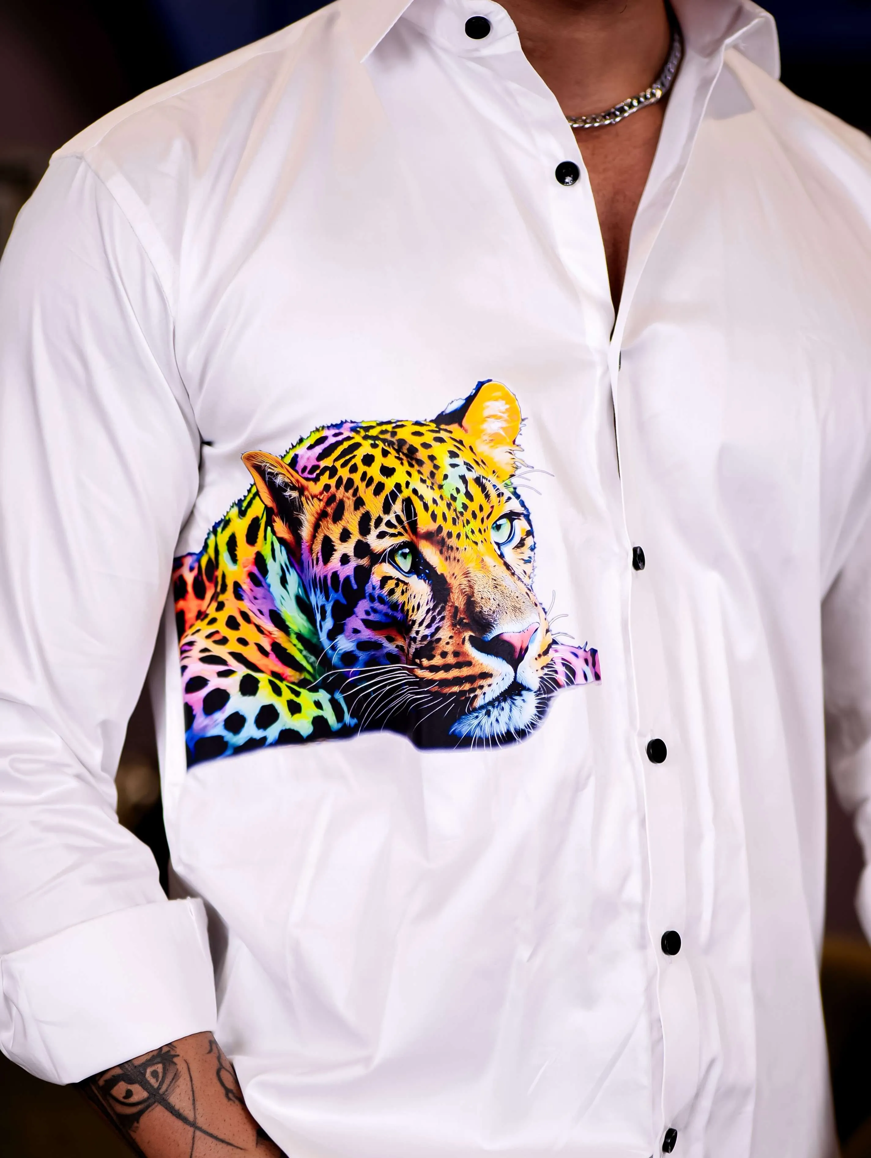 White Club Wear Cheetah Printed Satin Cotton Shirt