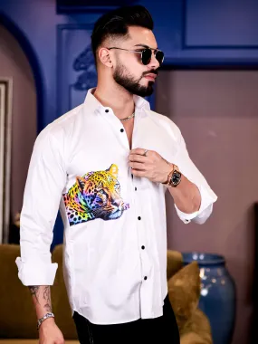 White Club Wear Cheetah Printed Satin Cotton Shirt