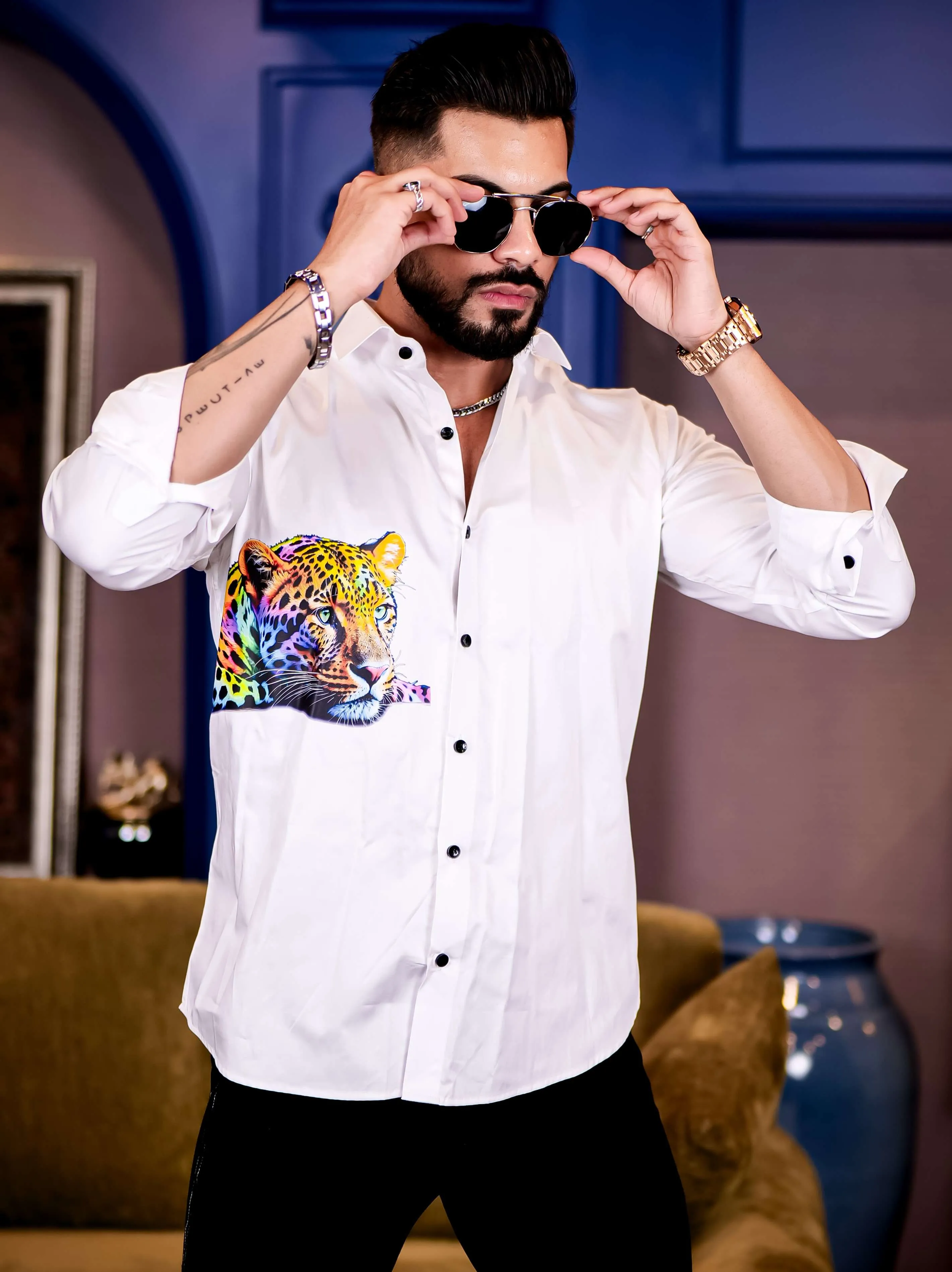 White Club Wear Cheetah Printed Satin Cotton Shirt
