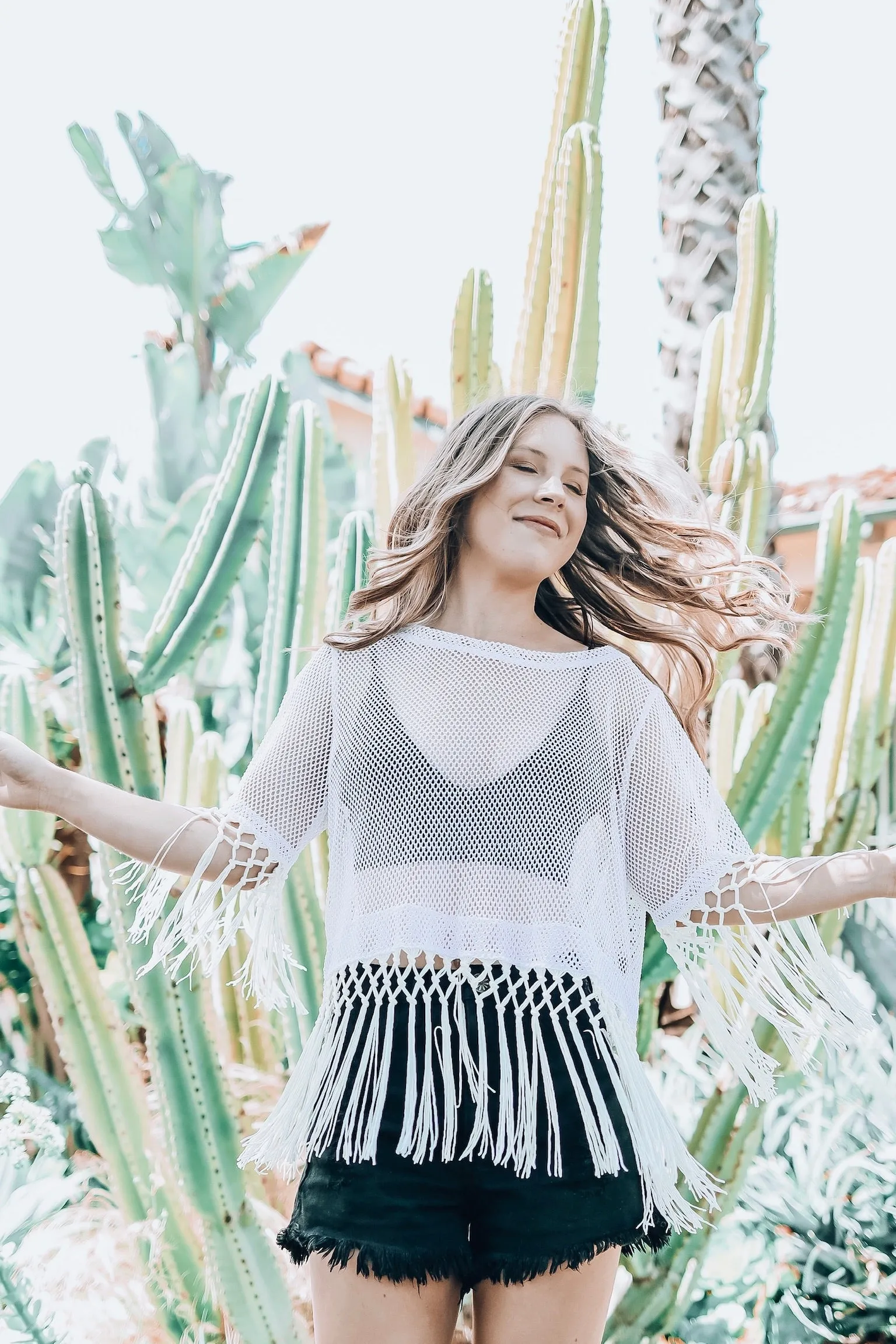 White Mesh Crop Top with Fringe