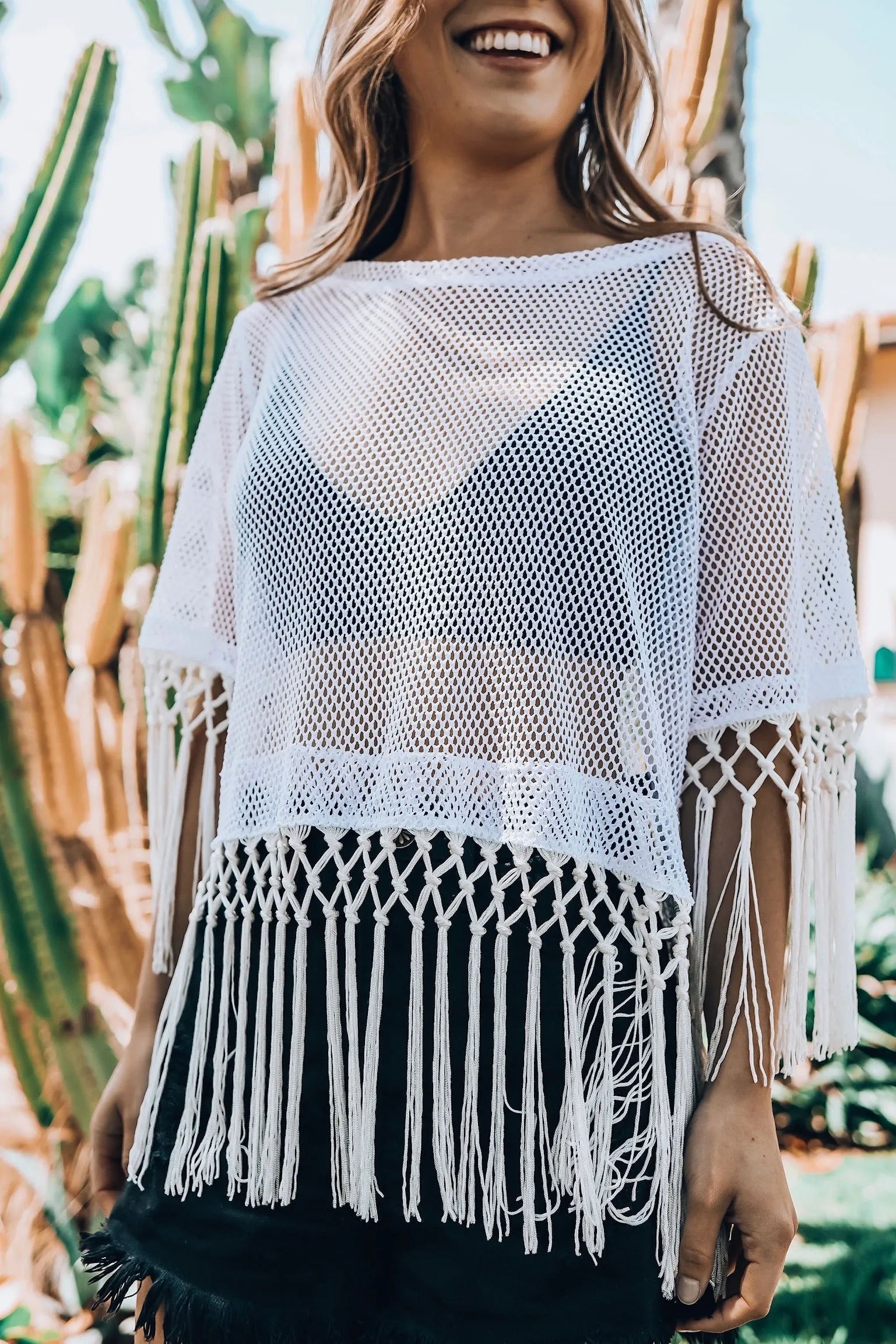 White Mesh Crop Top with Fringe
