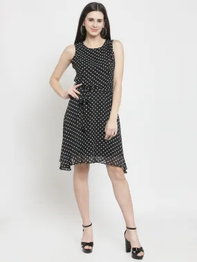 Women Black Polka Dot Round Neck Shift Dress