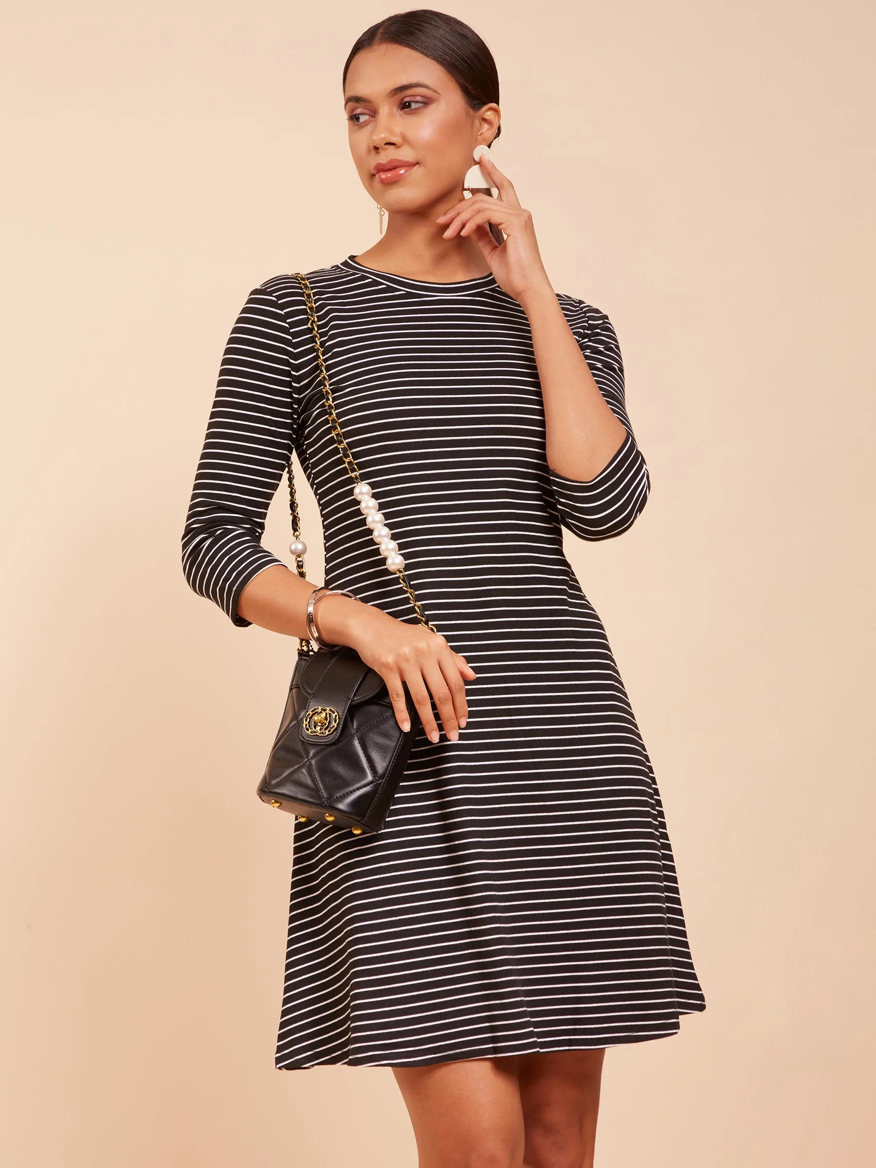 Women Round Neck Black & White Printed Regular Fit Hosiery Dress