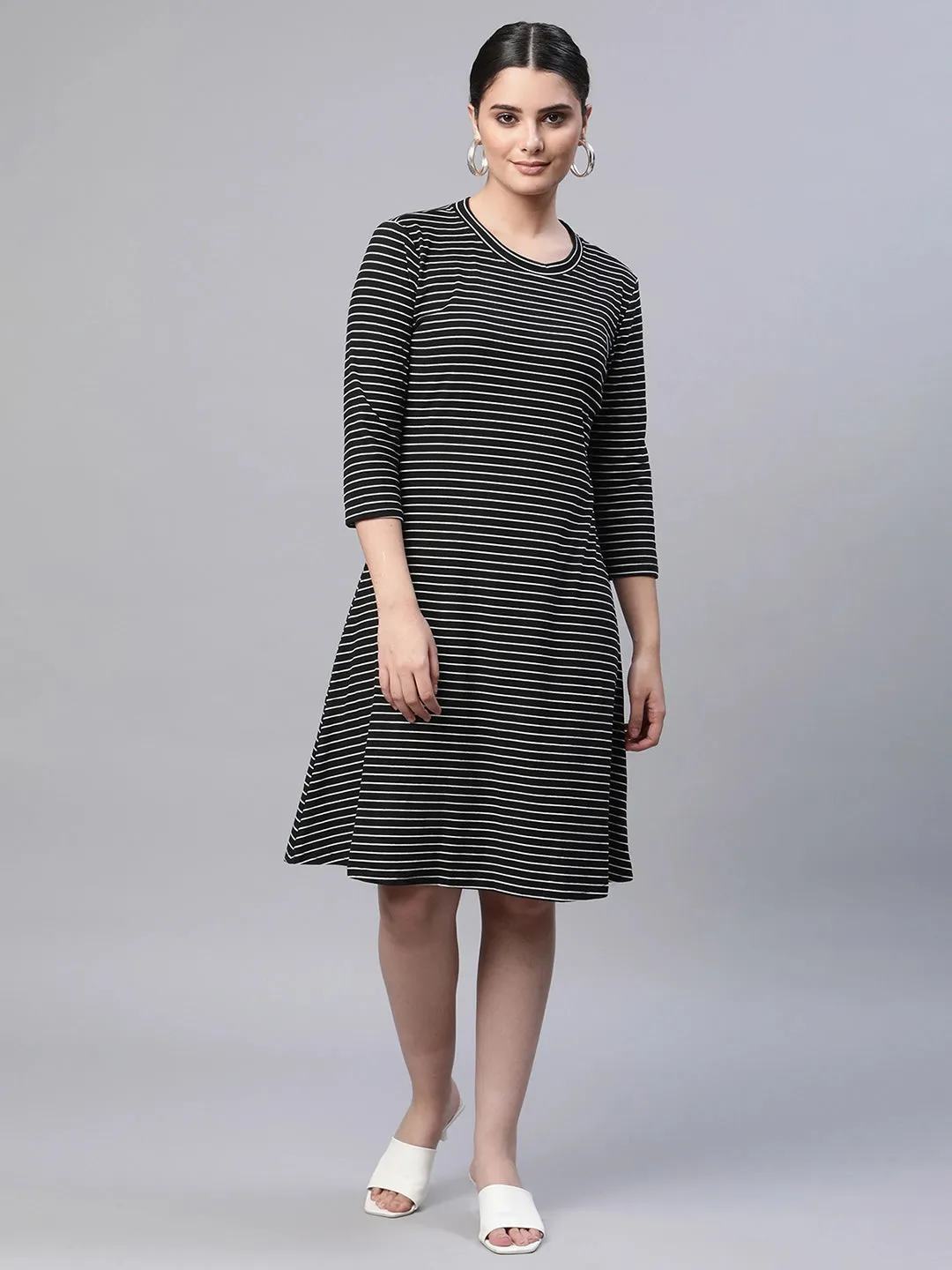 Women Round Neck Black & White Printed Regular Fit Hosiery Dress