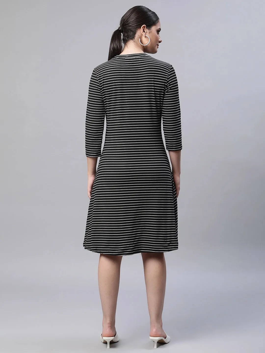 Women Round Neck Black & White Printed Regular Fit Hosiery Dress