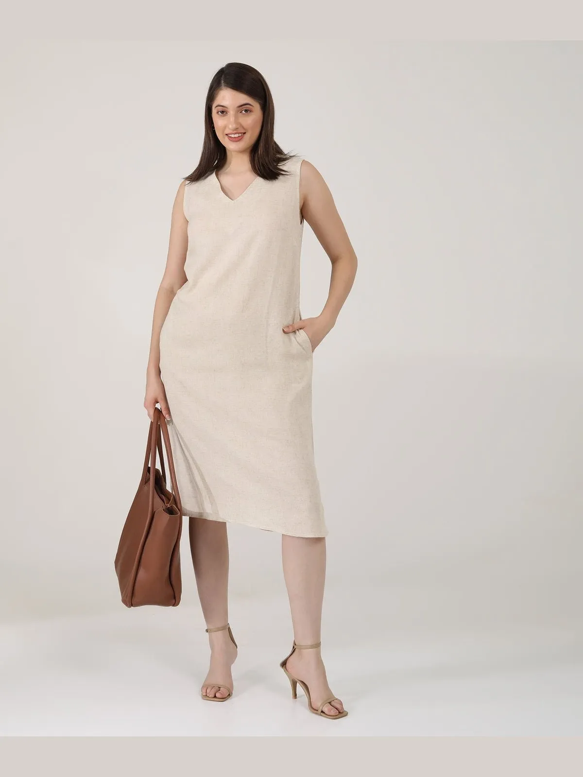 Women Solid linen Sleeveless V-Neck Midi Dress
